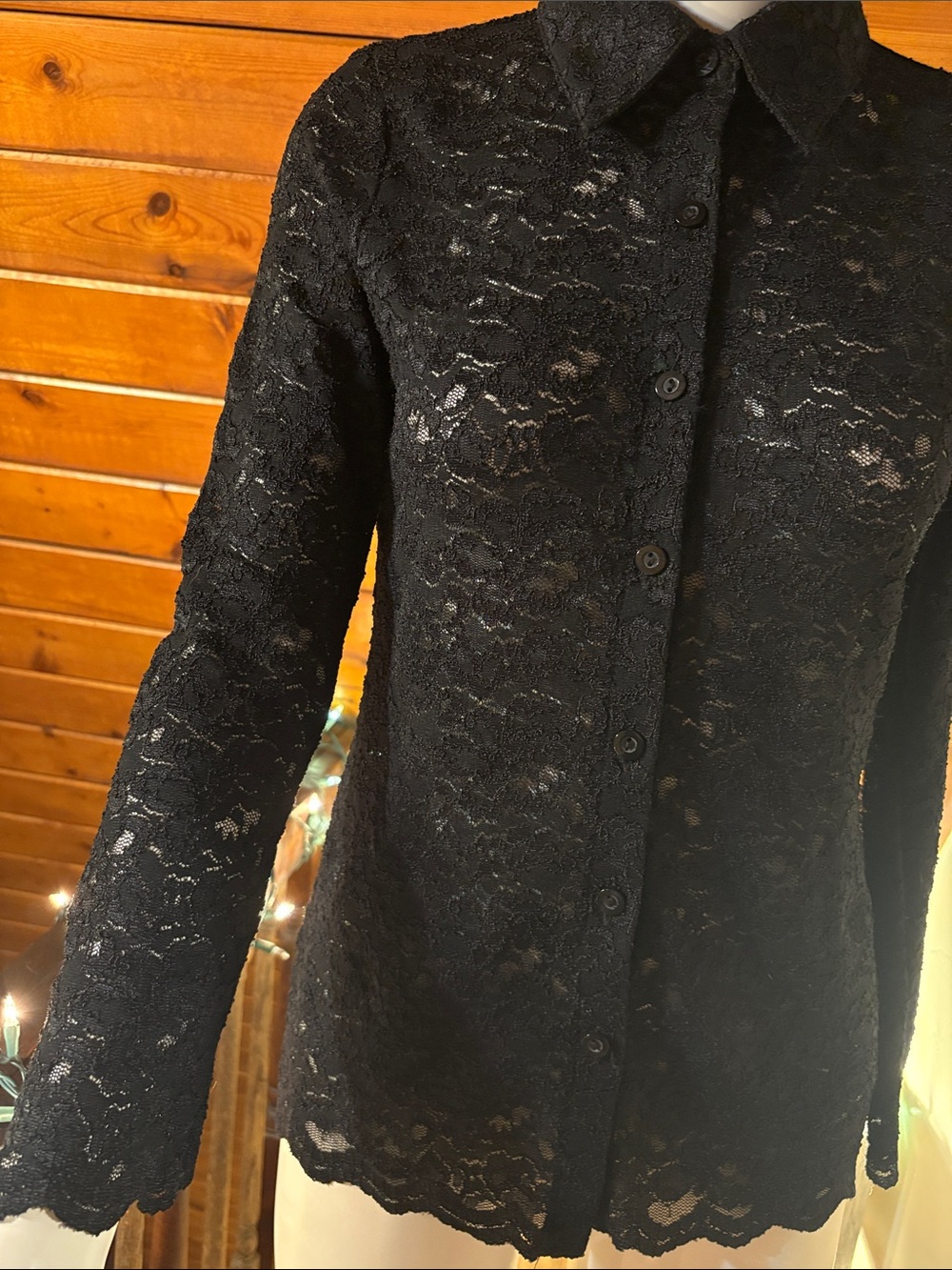 Black Lace Button Front Blouse Y2K Witchy Goth Medium Petite